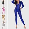Women Mesh Hole Zipper Faux Patent Leather Tight Jumpsuit Nightclub Bodysuit