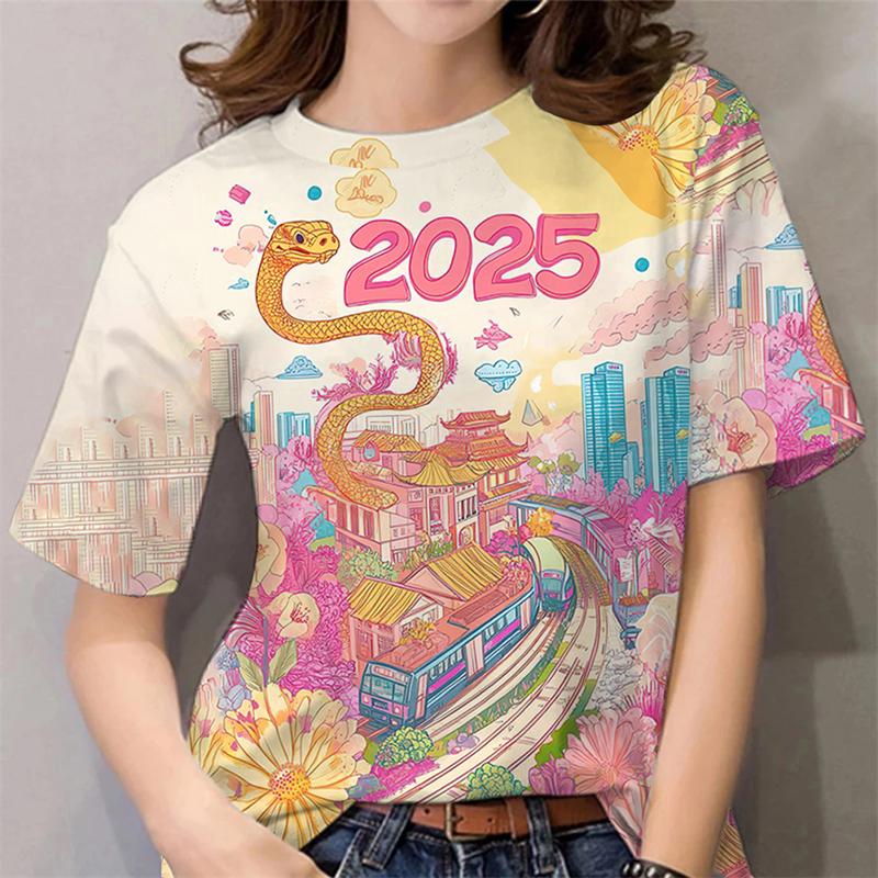 2025 Year Of The Snake T Shirt Women 3d Print Cute Snake Graphic T-shirts Fashion Casual Short Sleeve Unisex Lunar New Year Tees