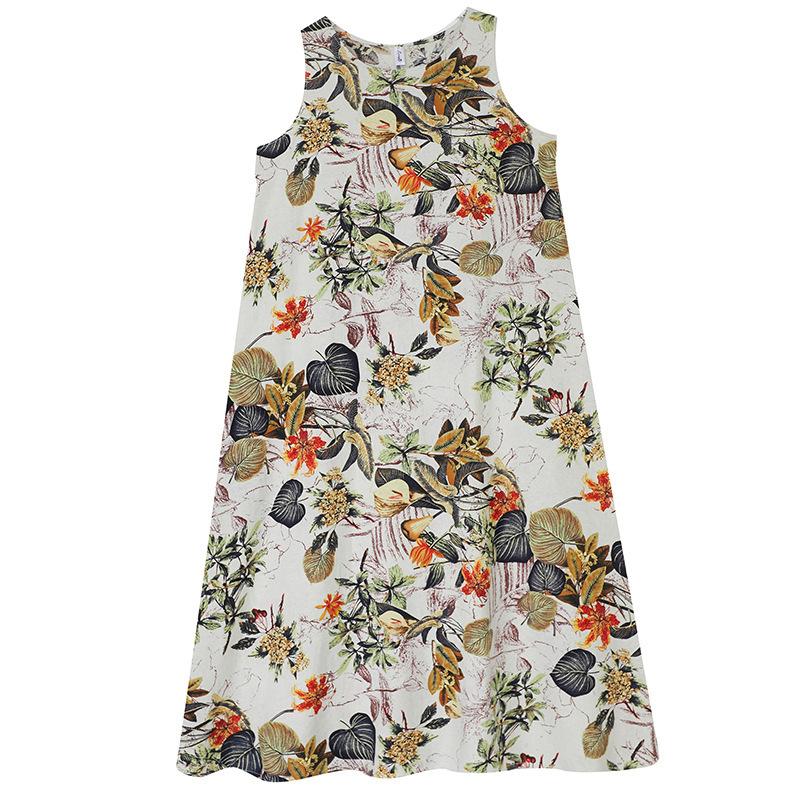 Rochii Maxi Lungi de Vară pentru Femei Plinute, Stil Retro, cu Imprimeu Floral, Fără Mâneci, cu Gât Rotund, din Bumbac și In, Largi