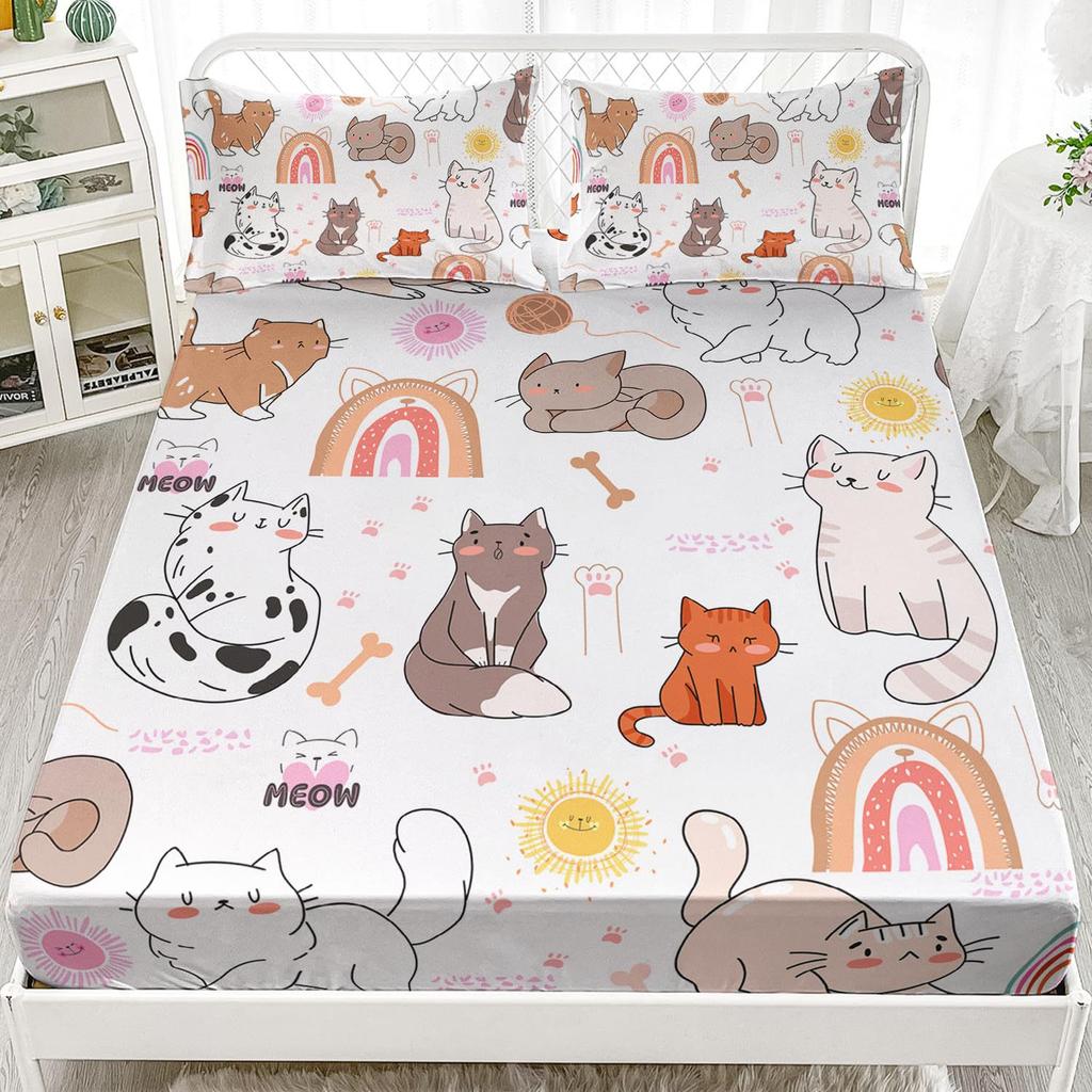 Cartoon Cat Pattern Bed Hat Three-Piece Digital Printing Bedding Bed Hat Three-Piece Set Children And Adults