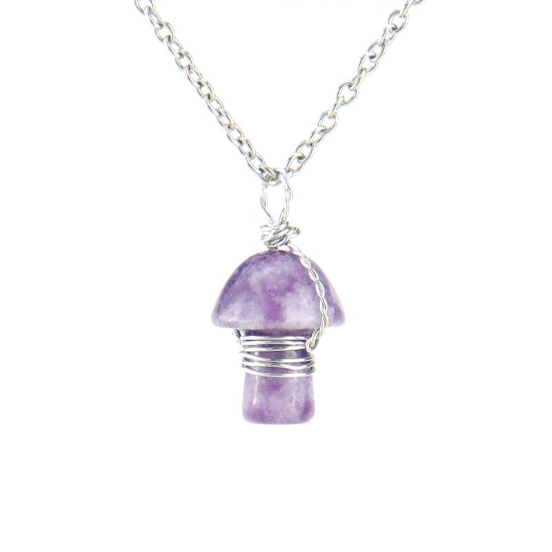 Hand-Wrapped Natural Stone Crystal Mini Small Mushroom Agate Pendant Necklace N556