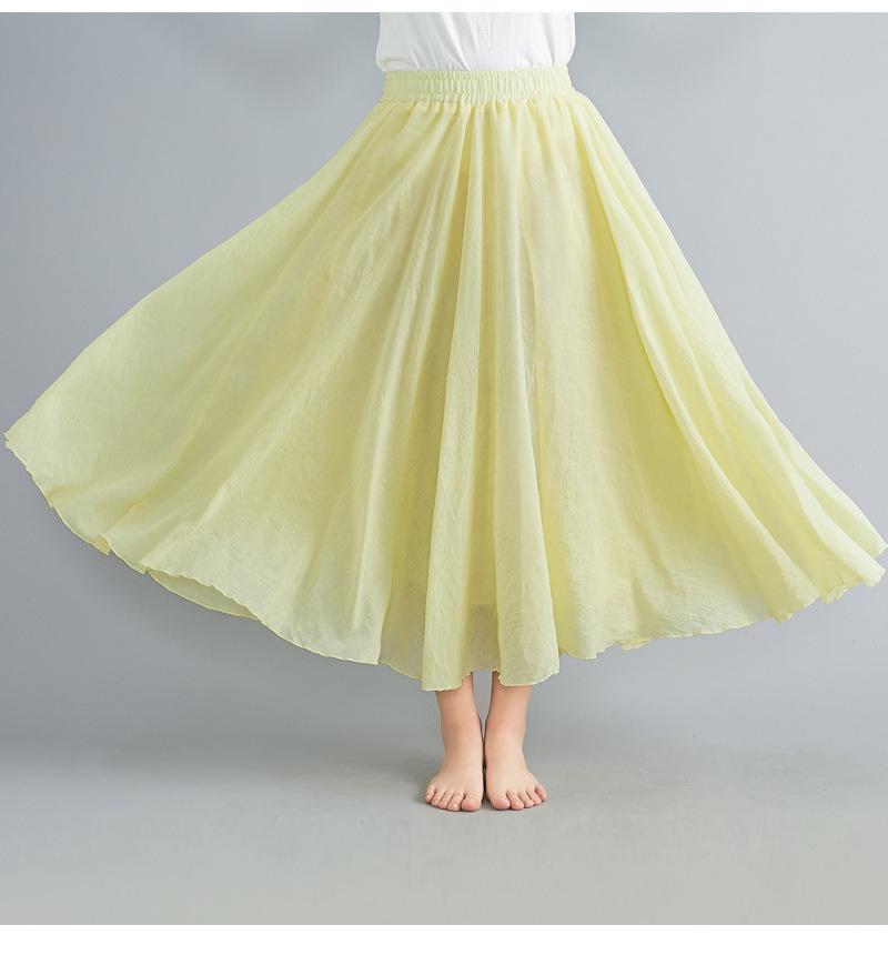 2024 Japan & Korea Loose Cotton-Linen Elastic Waist Midi Skirt – Solid Color A-line Swing Skirt