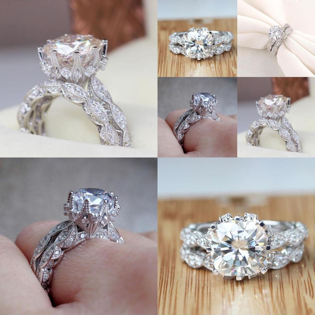 Elegant Antique Style Round White Sapphire Silver Plated Engagement Crown Ring Set