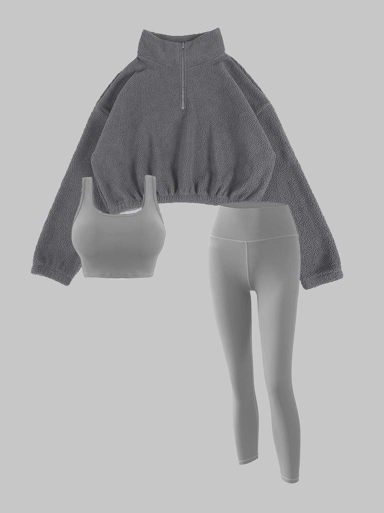 European & American Autumn/Winter Women's Fleece Three-Piece Set: High-Neck Half-Zip Sweatshirt, Vest, and Long Pants for Fitness.