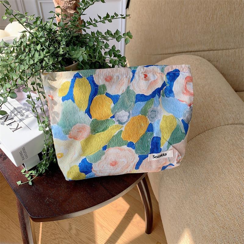 Trendy Monet Garden Floral Patterned Canvas Cosmetic Pouch For Women StyleA