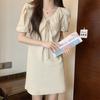 Puff Sleeve Elegant V-Neck Mini Dress Summer All-match Solid Color Female Clothing Fashionable Drawstring French Style Dresses