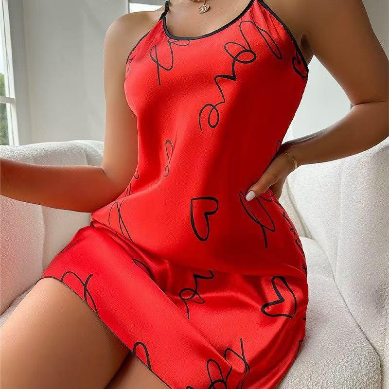 Damen Sommer Seide Ärmelloses Nachthemd - Sexy Eis Seide Druck Kurz Slip