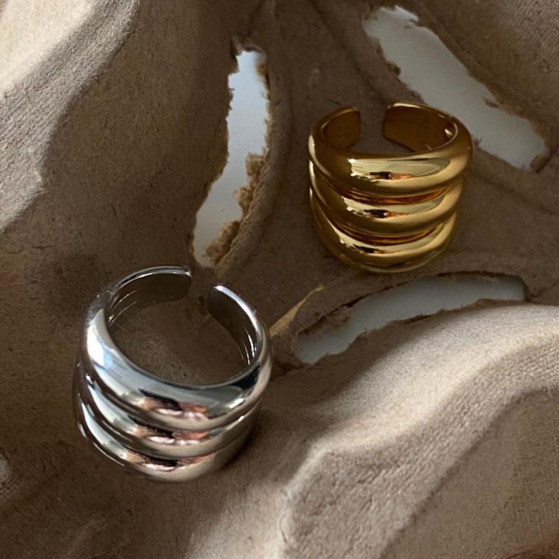 PONYKISS Sterling Silver Three Layers Round Geometric Rings for Women Minimalist Trendy Opening Fine Accessories