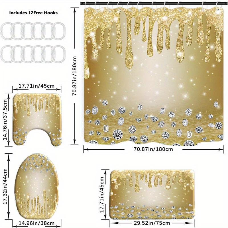 1/4 buc Set Perdea de Duș Luxoasă Aurie Florală Impermeabilă Set Decorativ pentru Baie Covor Antiderapant Capac Toaletă Covoraș de Baie și 12 Cârlige