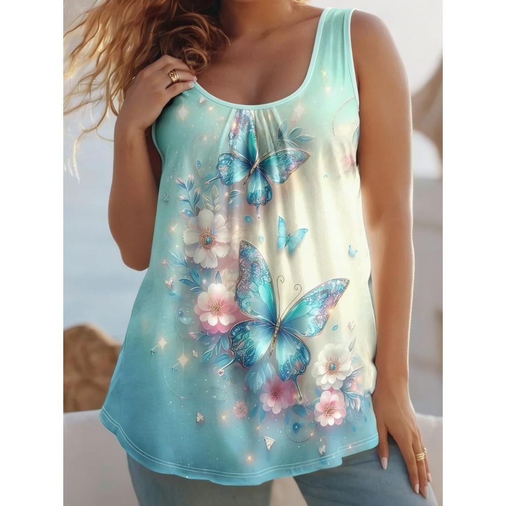 Summer Women's Large Size 3D Printing Flower Vest Loose Fashionable Comfortable Soft Breathable O Neck Sleeveless Vest