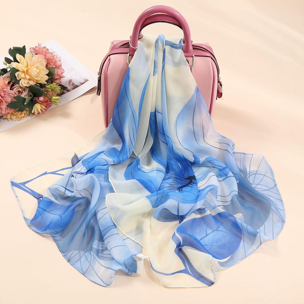 Chiffon Lotus Print Long Scarf - Lightweight, Thin Spring/Autumn Silk Accessory for Middle-Aged & Elderly