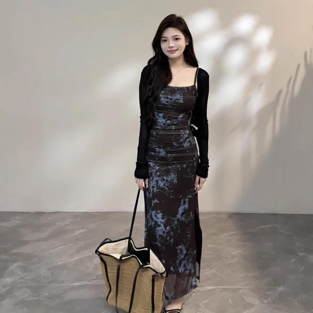 Pure desire style sexy smudge sleeveless suspender dress women's new summer slim-fit design split-ended long dress