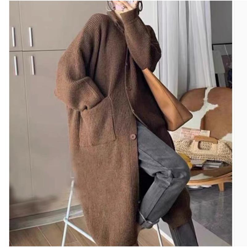 Lazy Wind Turtleneck Autumn and Winter Sweater Women's Single-breasted Solid Color Long-sleeved Knitted Cardigan Women's Medium and Long Coat Women