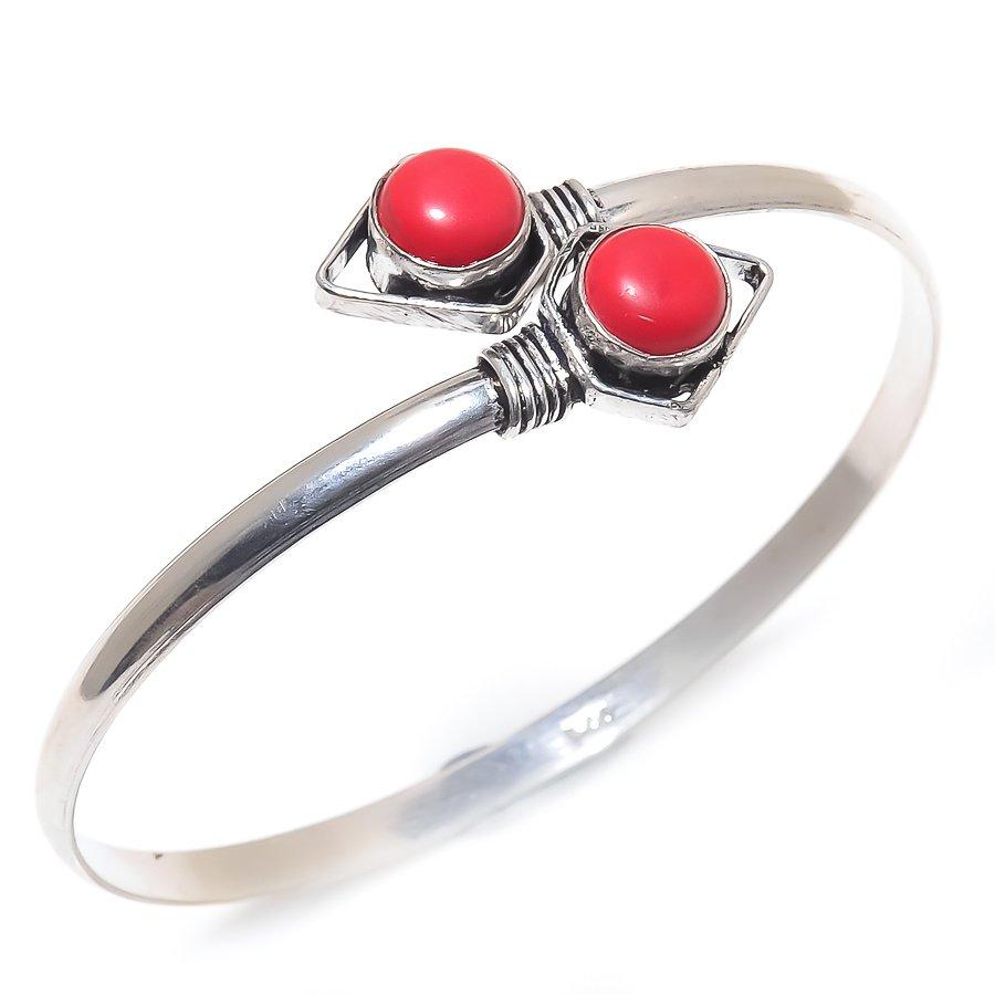 

Natural Italian Red Coral Gemstone Handmade Cuff Bracelet Adjustable s0i21