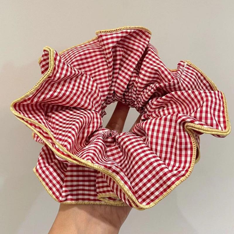 Retro Colorful Lattice Ruffles Hair Scrunchies Headbands for Womens Girls Sweet Romance Hair Rope Rubber Band Hair Accessories
