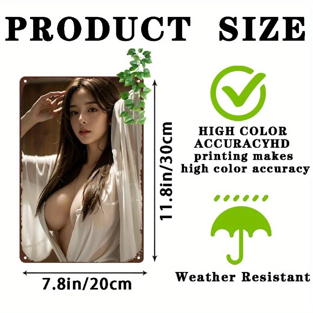 Anime Girl Metal Wall Art 8x12 Inch Retro White Lingerie Design Green Leaves Home Decor