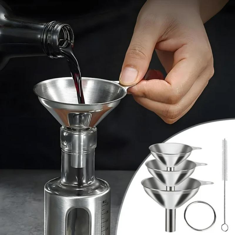 Stainless Steel Kitchen Funnel Set with Cleaning Brush for Transferring Honey Beverages Essential Oils and Other Liquids