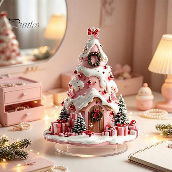 Sturdy Seasonal Shelf Decorations Winter Christmas Tree Cottage Table Decoration, Double Sided Acrylic Xmas Cabin Ornament Indoor Atmosphere
