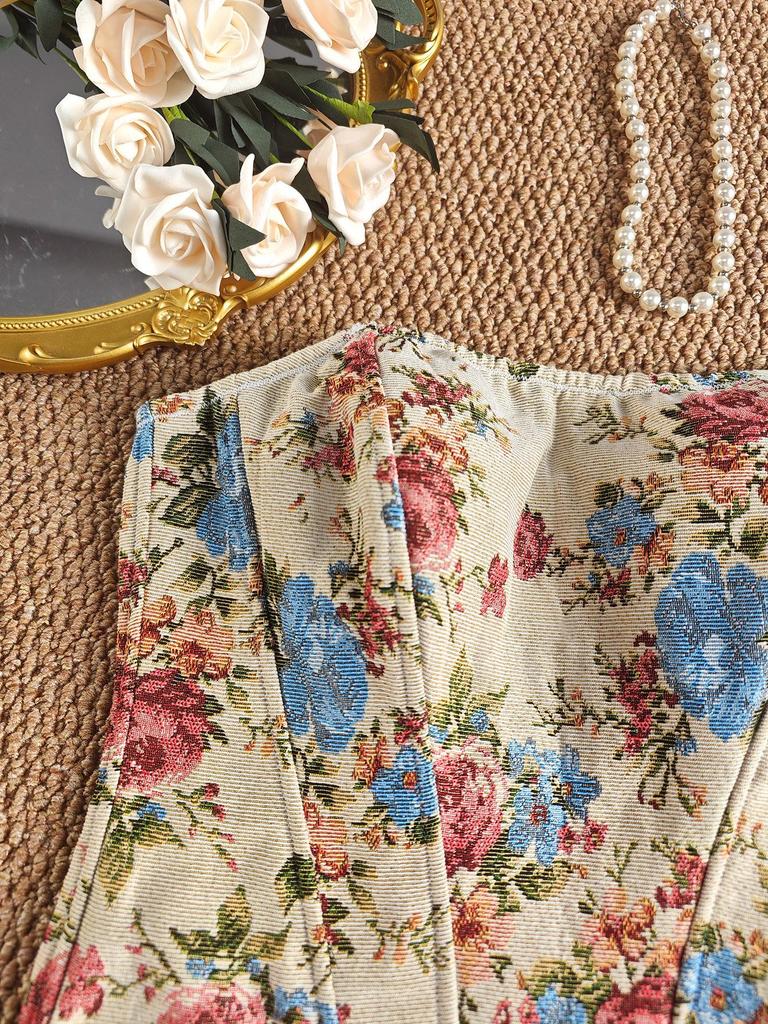 Summer Retro Floral Print Bandeau Top - Fishbone Style