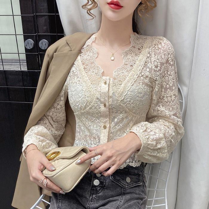 Chic Lace Crocheted V-neck Women's Shirt - Autumn/Winter Casual Fit