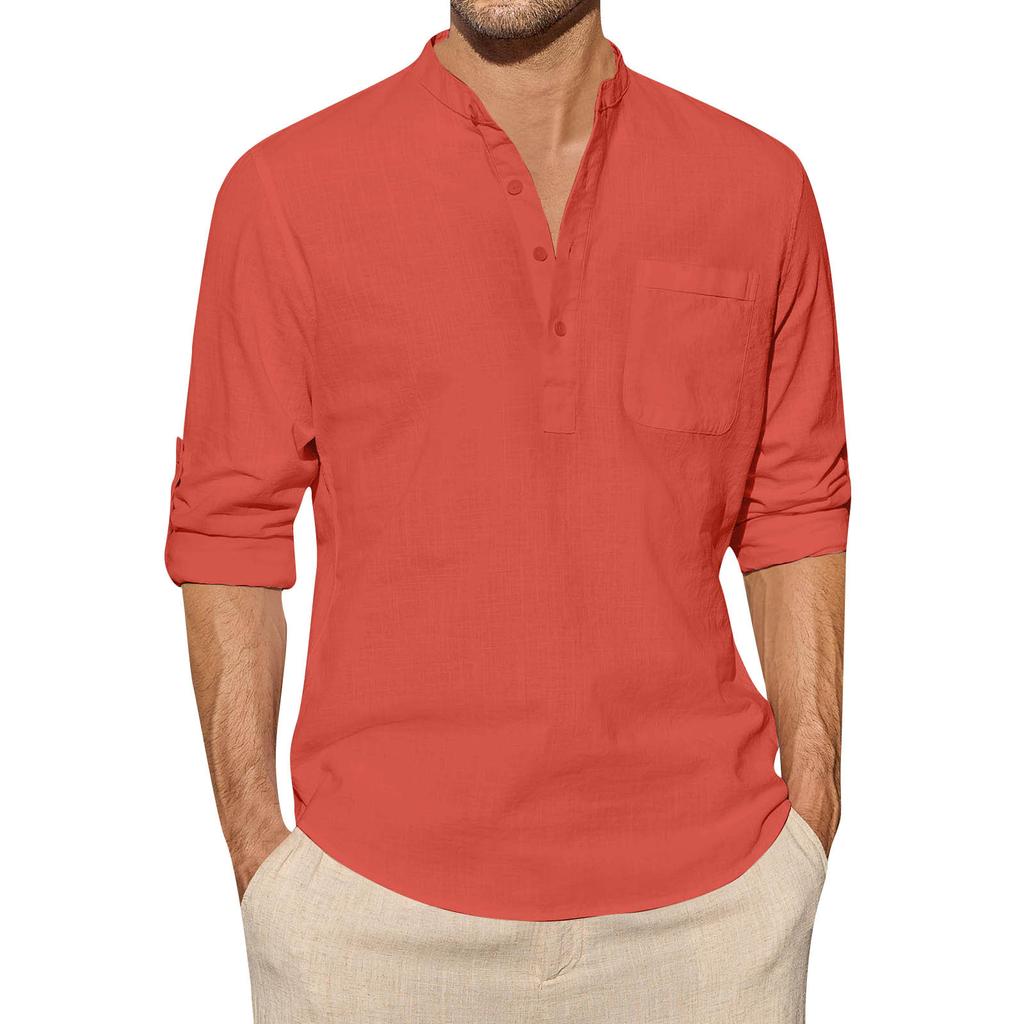 Designer Spring Summer Men's Casual Cotton Linen Solid Color Long Sleeve Shirts Loose Stand Collar Shirts