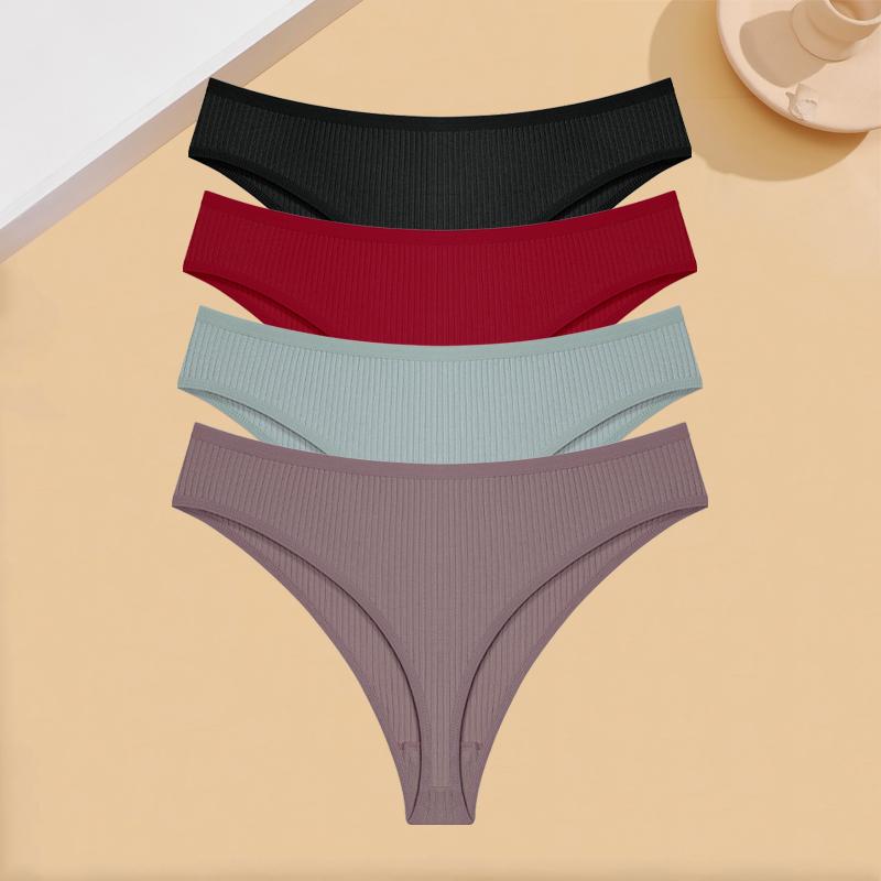 FINETOO 4Pcs Cotton Ribbed Underwear Women's Sexy Low-Waist Breathable Thongs Girls Sports Panties Stretchy T Back Soft Lingerie