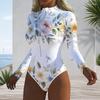 Women Plus Size High Neck Long Sleeve Zipper Floral Print White One Piece Swimsuit