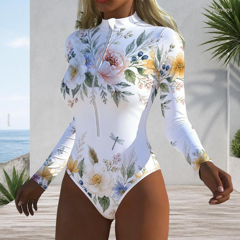 Women Plus Size High Neck Long Sleeve Zipper Floral Print White One Piece Swimsuit
