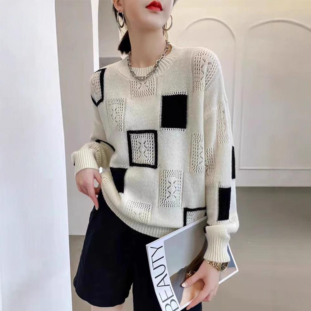 European Style Color Block Plaid Knit for Women Spring and Autumn Thin VersionVintage Round Neck Mohair Sweater