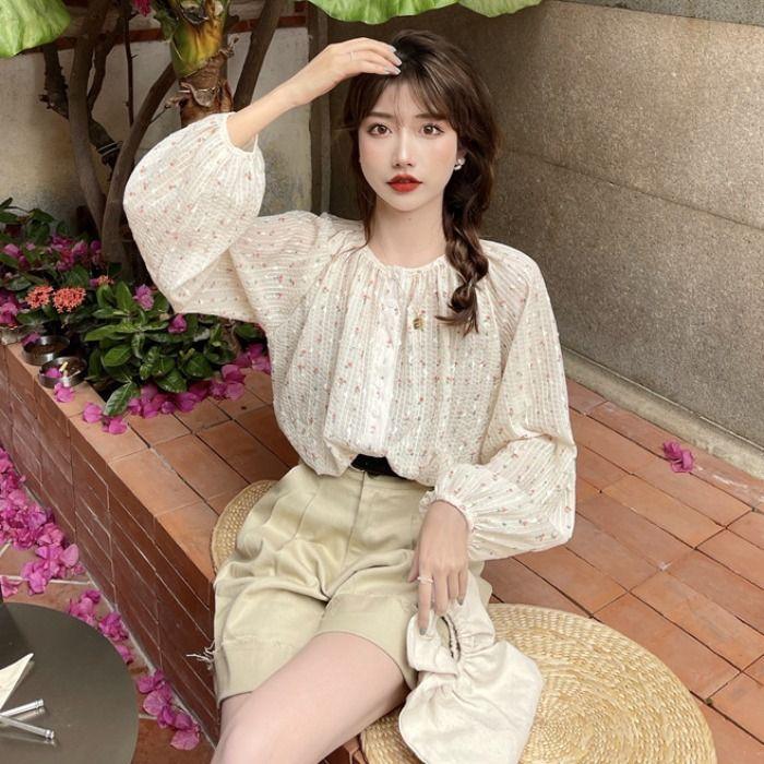 Long Sleeve Floral Chiffon Top Women's Designer Spring Summer Stylish Lantern Sleeve Loose Blouse