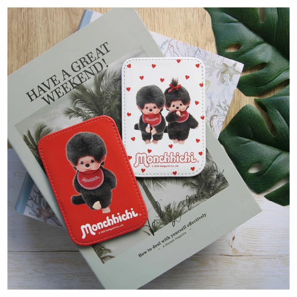 Grand Cinq Monchhichi MagSafe Compatible IC Card Case Magnetic Holds One PU Card Holder for iPhone (Pair) - Attachment, Vertical, Slim, Card, Leather,