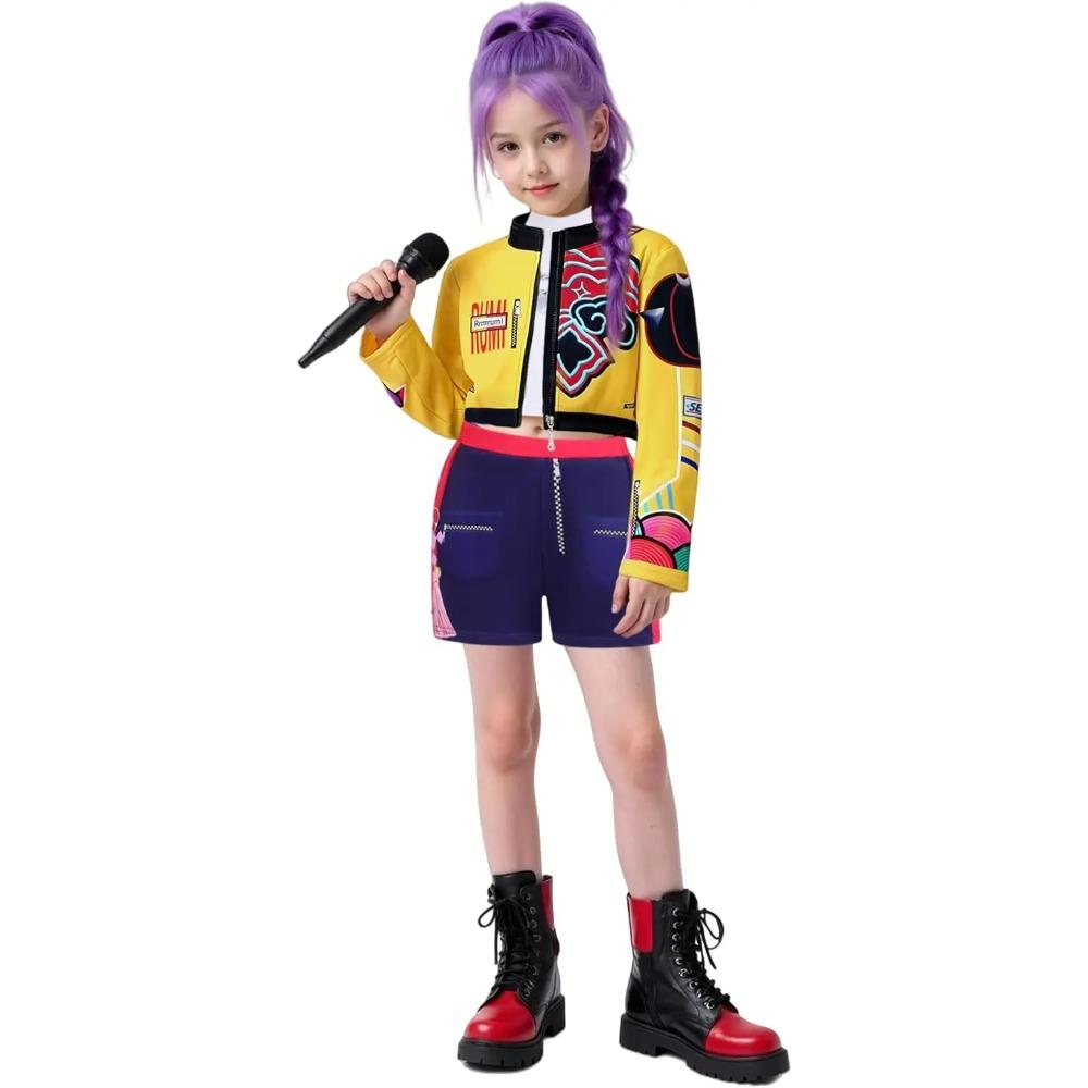 

Kpop Rumi Zoey Mira Party Girls Demon Costume Hunters Cosplay Outfit Jacket Top Shorts Kids Halloween Costumes Singer Cosplay 150