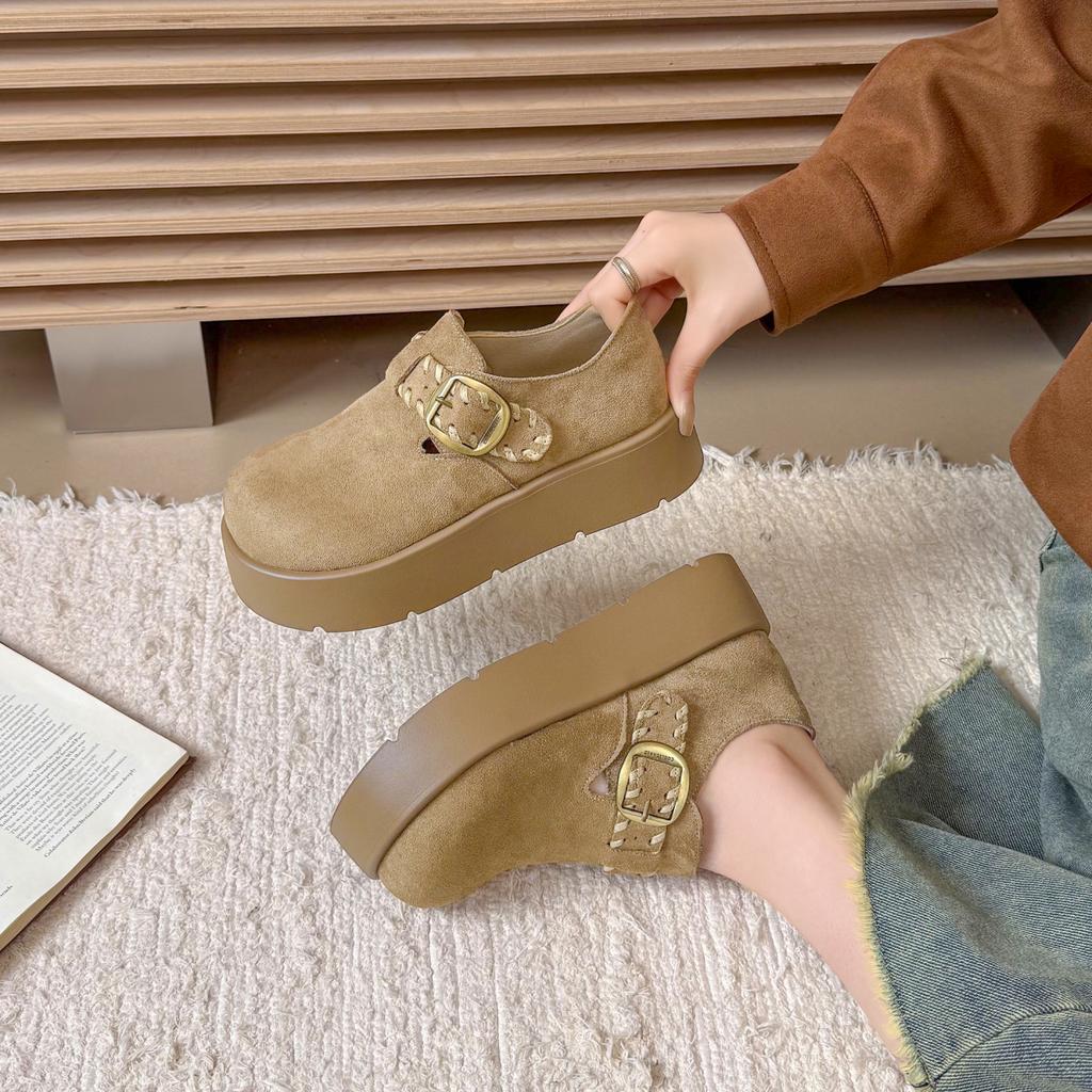 Fashion Comfortable Single Shoes Women's Fashion Round Toe Suede Metal Slip Strap Non-Slip Platform Flats