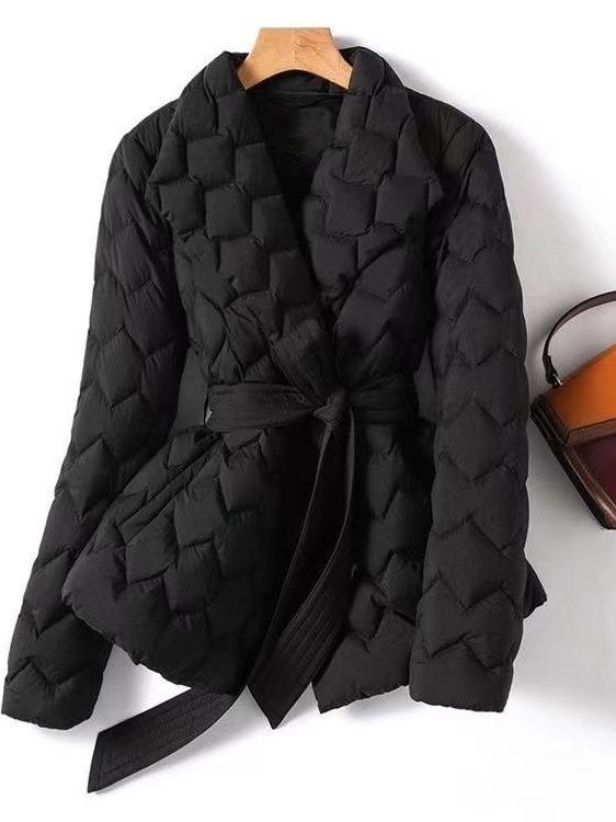 Women's Long Sleeve Coat Turn Down Collar Elegant Waist Tie Puffer Jacket Winter Warm Quilted Outerwear