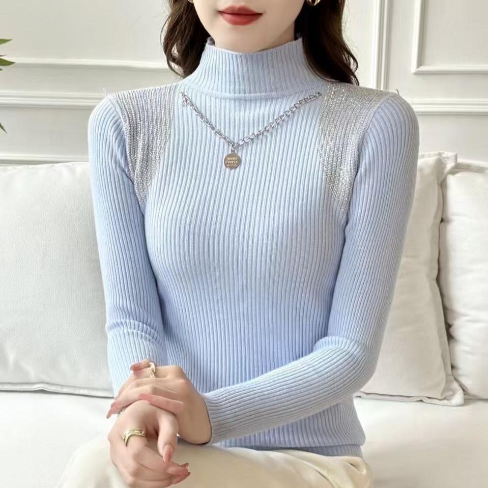 Women's Half Turtleneck Sweater Rhinestone Hollow Knit Pullover Sweater Autumn and Winter Solid Color Slim Fit Sweater Top