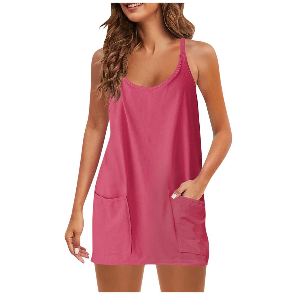 Womens Summer Sleeveless Dress V Neck Adjustable Spaghetti Strap Athletic Short Dress With Pockets