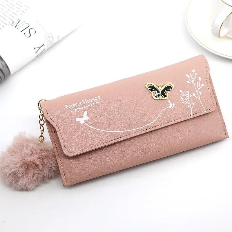 Butterfly Designer Women Long Wallets PU Leather Money Bag Solid Wool Ball Bow Clutch Bag Large Capacity Card Bag Coin Purse