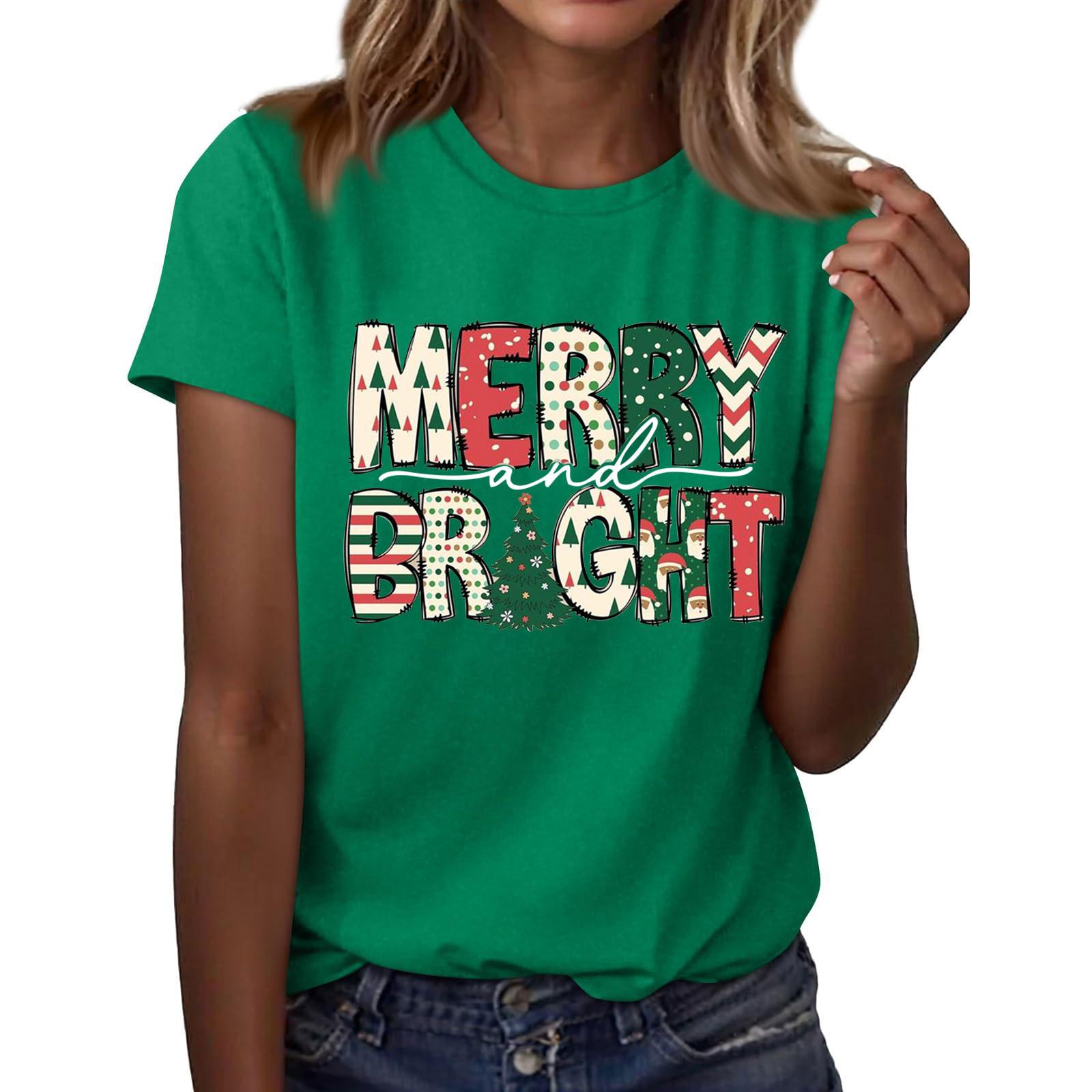 

Женская мода повседневный рождественский принт короткий рукав свободный круглый вырез пуловер топ XXL зелёный