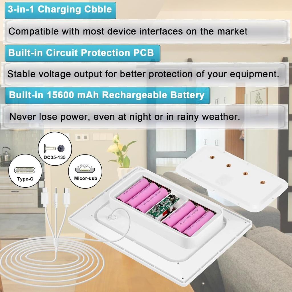 9W/5V Solar Panel with Built-in 15600mAh Rechargeable Battery, with 1.5m 3 in 1 Charging Cable (Micro USB, Type-C and DC3.5x1.35 Connector)