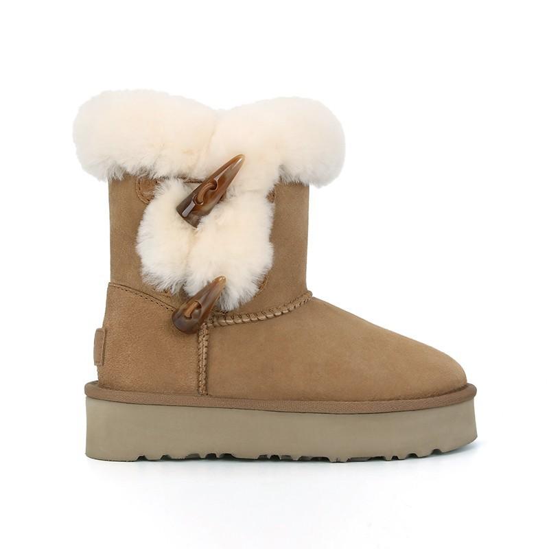 Women's Cow Horn Buckle Fashion Lightweight Soft Sole Winter Warm Fur One Snow Boots Padded Lining Non-slip Casual Sports Cotton Boots