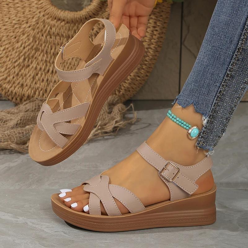 Fashion Women's Sandals Fashion Cross Strap Open Toe Sandals Women Shoes New Buckle Med Heel Wedge Sandals Female Summer Non-Slip Shoes