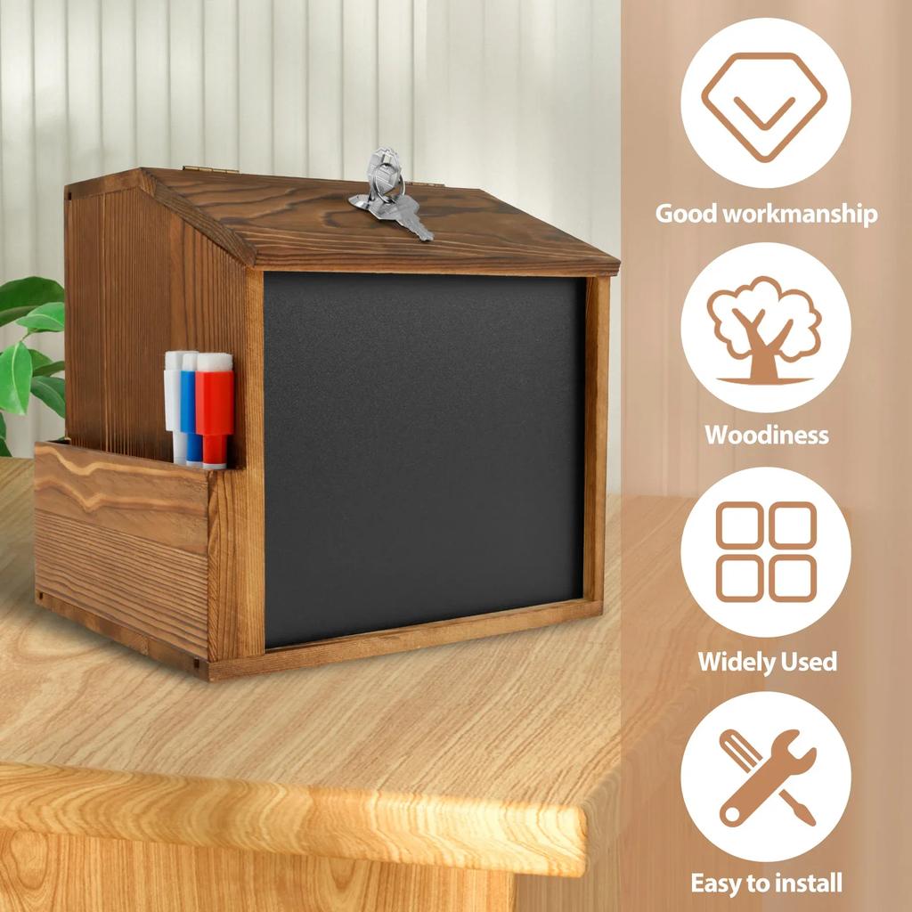 Wood Suggestion Box Wall Mounted Ballot Box Vintage Donation Box with Slot, Lock,Chalkboard Multifunctional for Church Wedding
