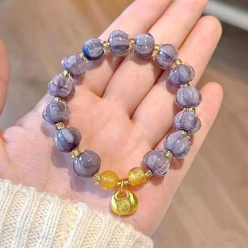 Mushan Purple Lily Coin Purse with Gold Foil & Luck Beads Bracelet