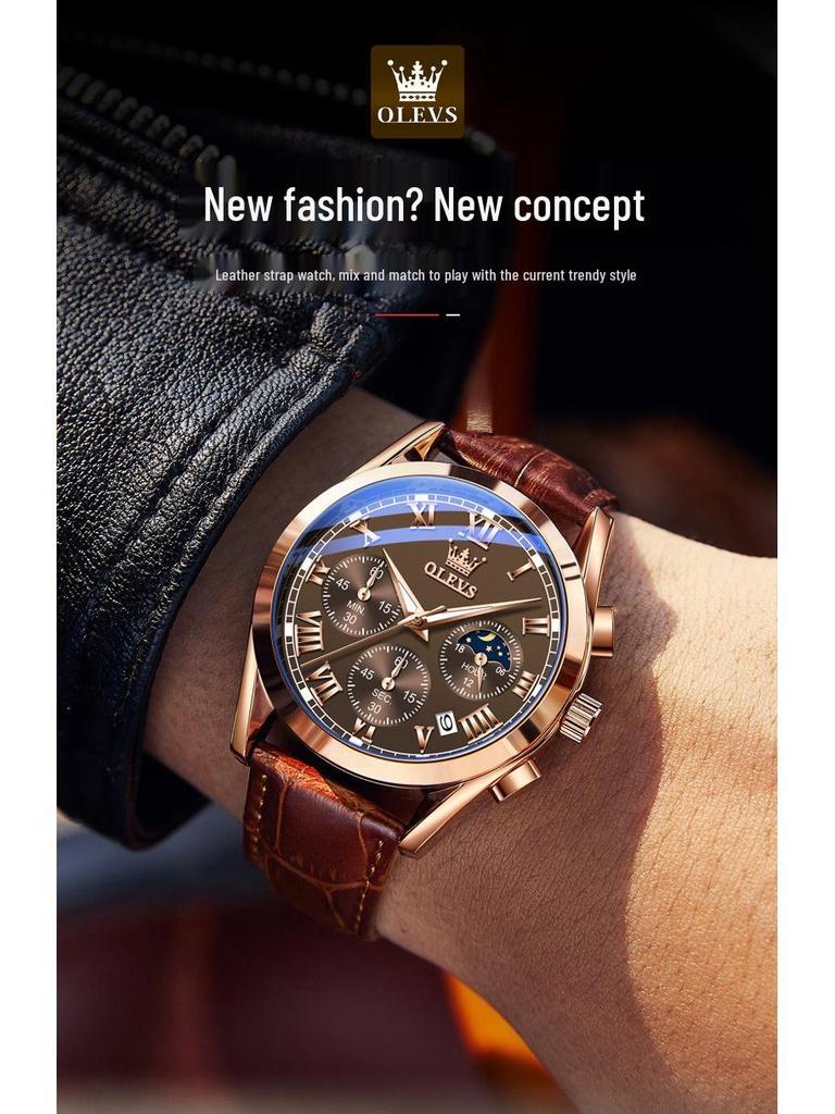 Oulishi Men's Waterproof Luminous Chronograph Quartz Watch with Three-Eye, Six-Hand Design.