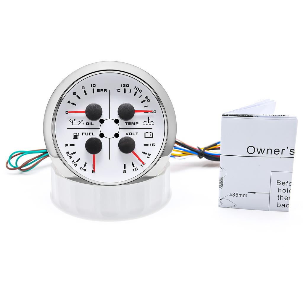 85mm 4 in 1 Gauge Oil Press Gauge Water Temp Meter Fuel level Gauge Voltmeter With Alarm For Marine Boat Car Waterproof 12V 24V