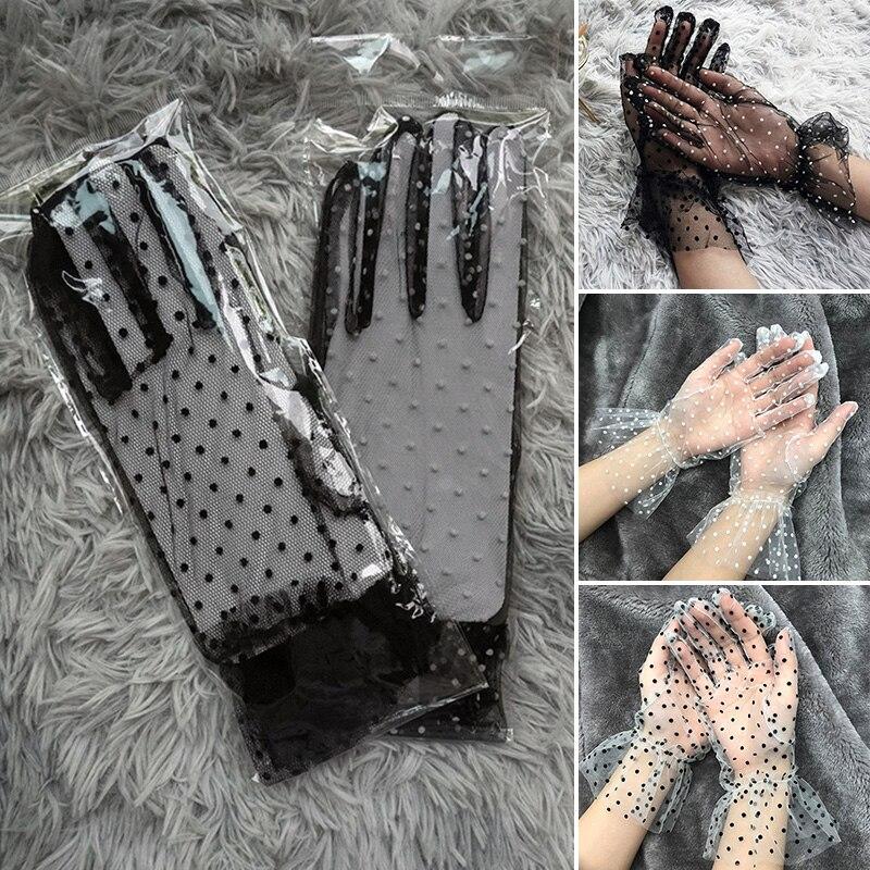 1 Pair Women Thin Short Tulle Gloves Stretchy Lace Spots Sheers Flexible Accessories Full Finger Short Gloves