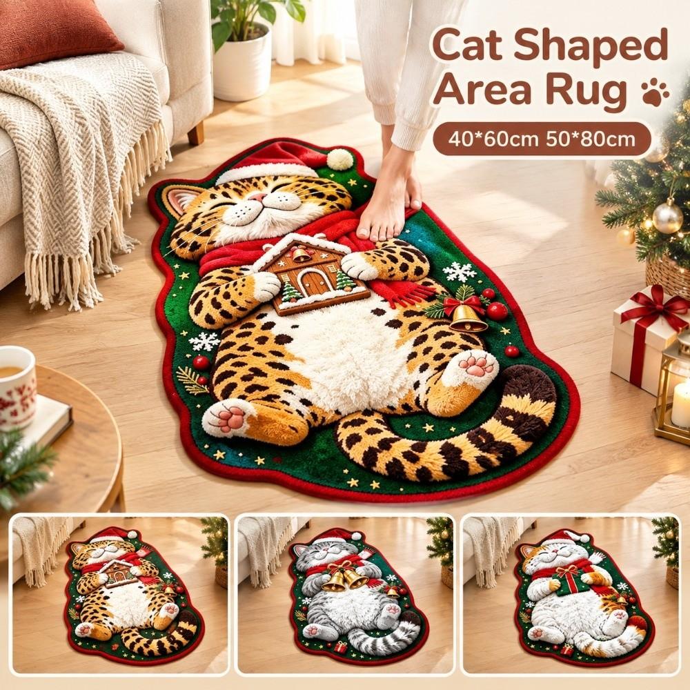 Christmas Theme Pattern Sleeping Cat Floor Mat Plush Cartoon Doormat Carpet for Living Room
