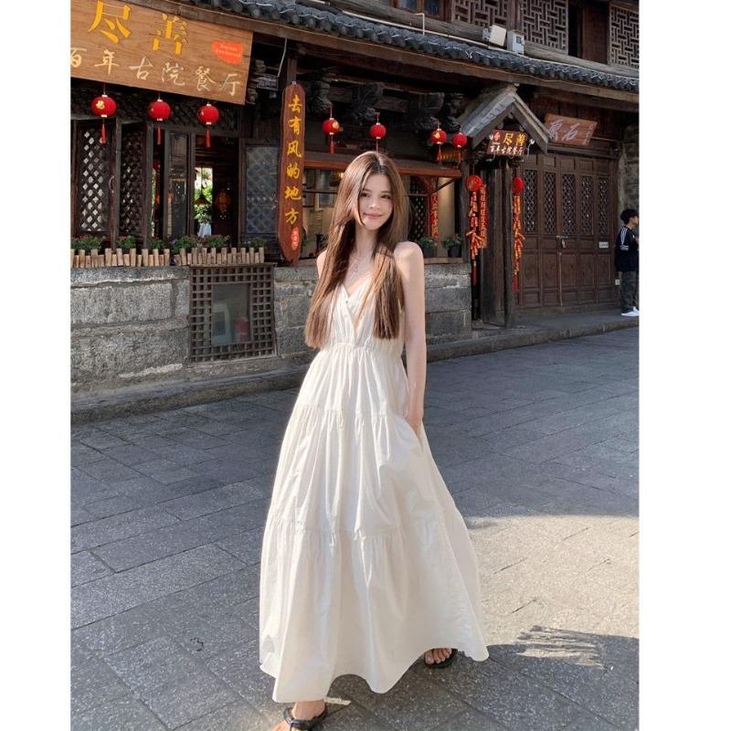 Seaside Holiday Style White Suspender Dress Women's Summer Waist and Thin Big Swing Skirt Temperament Medium and Long Skirt