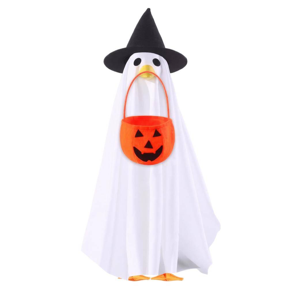Halloween Porch Goose Ghost Costume with Pumpkin Bucket Accessory Lightweight Fabric and Adjustable Fit for Outdoor Decoration and Festive Display
