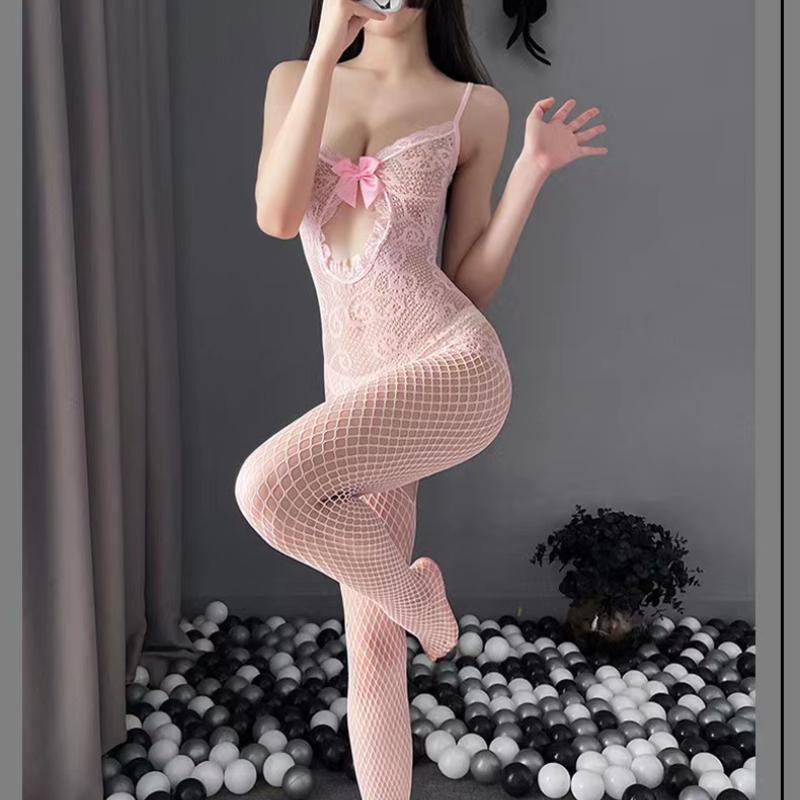 Sexy Women Girl Lingerie Elasticity Fishnet Mesh Tights Open Crotch Hollow Out Bodysuit Sex Pantyhose Lingerie Bodysuit Set Pink